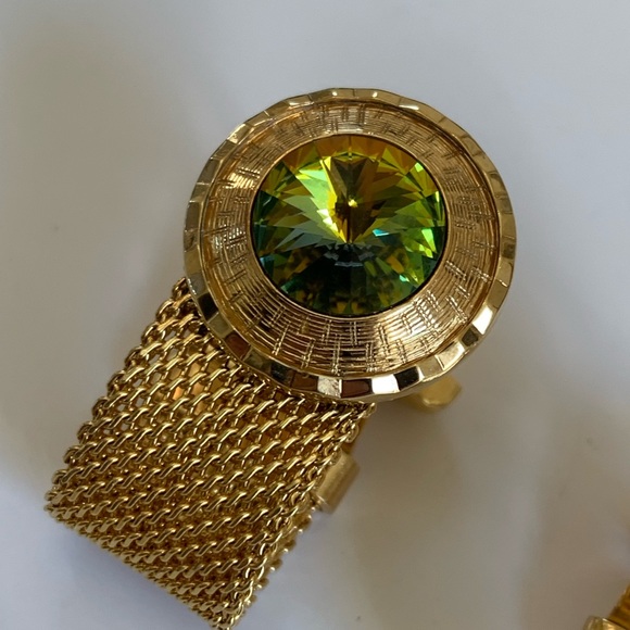 Vintage Gold Tone Mesh Wrap Cufflinks Watermelon Ravioli Rhinestone Nu Lok - Picture 6 of 12